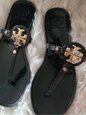 Tory Burch Black Patent Jelly Thong Sandals with Gold Logo Accents